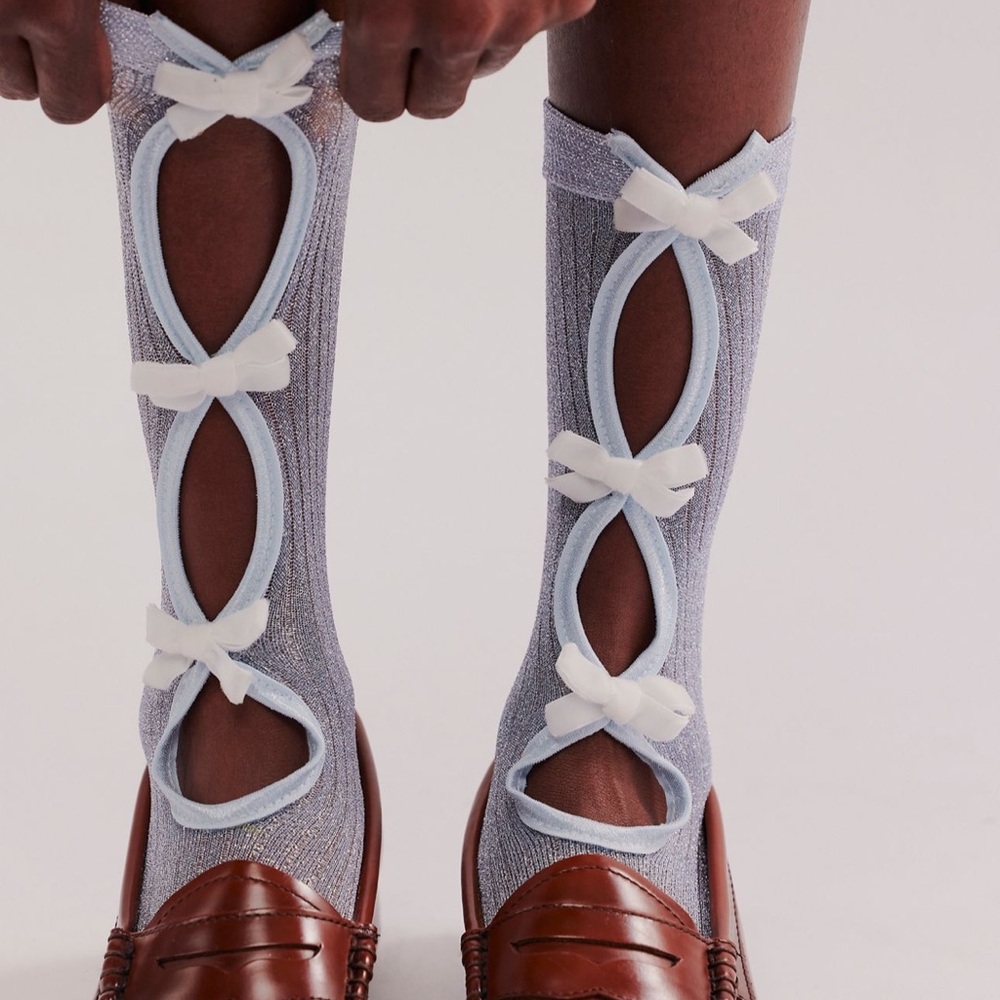 Free People Metallic Baby Blue Sparkle Lurex Bow Crew Socks NWT🔖